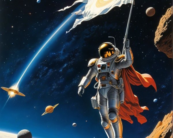 Astronaut in Futuristic Suit with Flag in Cosmic Landscape