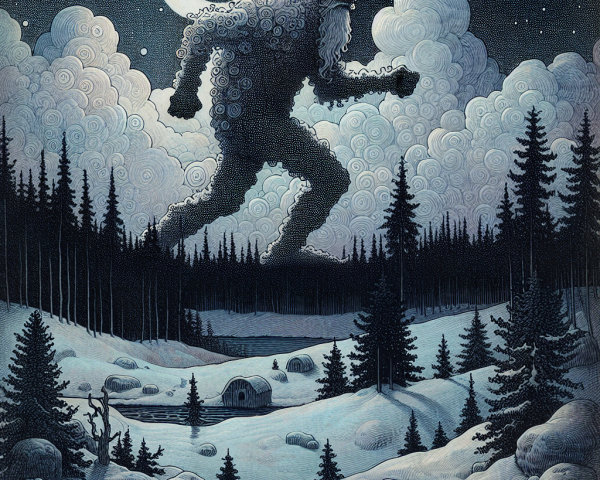 Colossal figure in snowy landscape under starry night