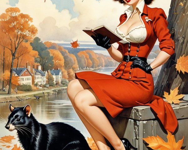 Woman in Vintage Dress Reading by Autumn River