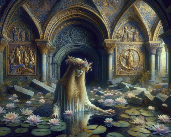 Serene Figure in Enchanted Pond with Water Lilies