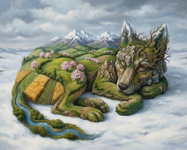 Surreal Painting of a Giant Wolf-Shaped Landscape