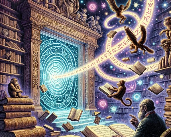 Wise figure at a desk with magical portal and books