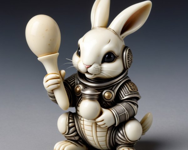 Ivory Rabbit Figurine in Armor with Spoon Detail
