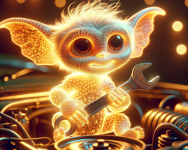 Glowing Creature with Wrench on Car Engine Scene