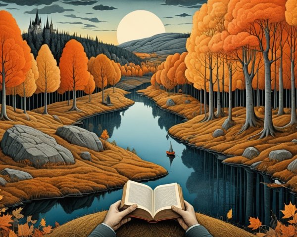 Autumn Landscape with River and Open Book Scene