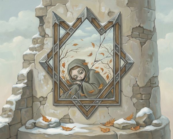 Cloaked Figure in a Broken Mirror with Autumn Reflection