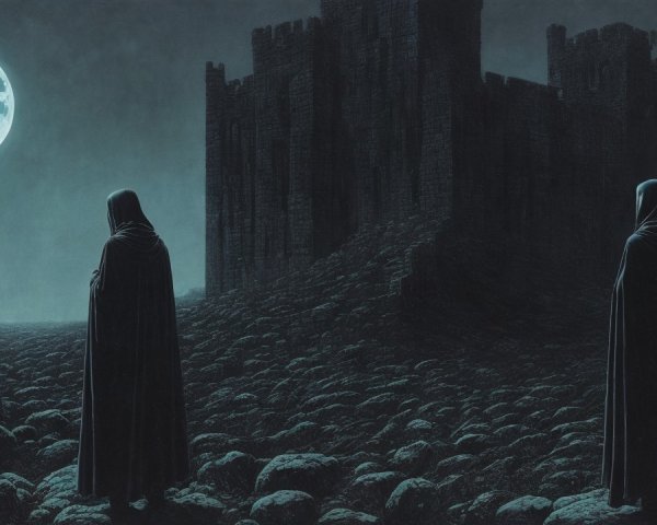 Cloaked Figures in Moonlit Rocky Landscape with Castle