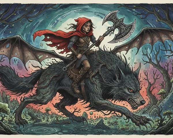 Warrior Woman on Winged Wolf in Fantastical Forest