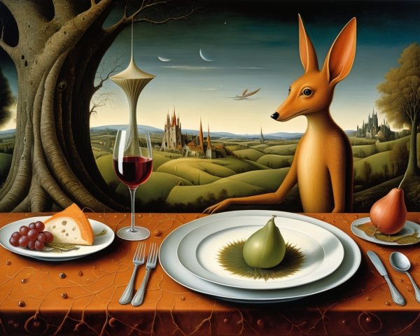 Surreal Landscape with Fox and Twilight Setting