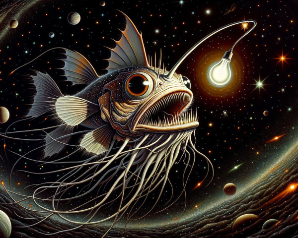 Surreal Underwater Scene with Cosmic Fish and Lightbulb