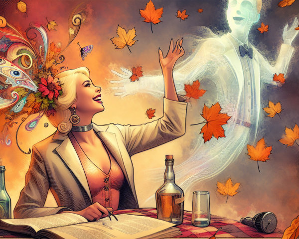 Vintage Woman with Ghostly Figure in Autumn Setting