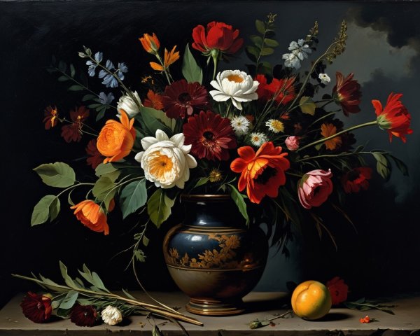 Vibrant Still-Life with Flowers and an Orange