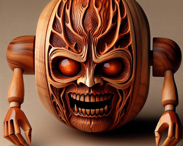 Intricately Carved Wooden Robot Head with Eerie Features