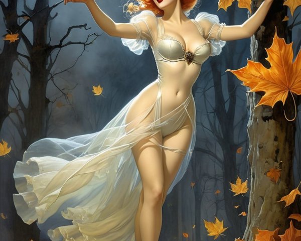 Moonlit Forest Scene with Figure in Sheer Gown