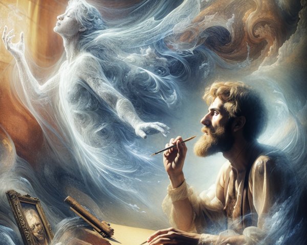 Pensive Artist Surrounded by Ethereal Colors and Light