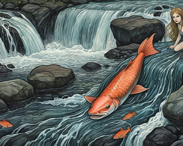 Girl by Waterfall with Orange Fish in Serene Landscape