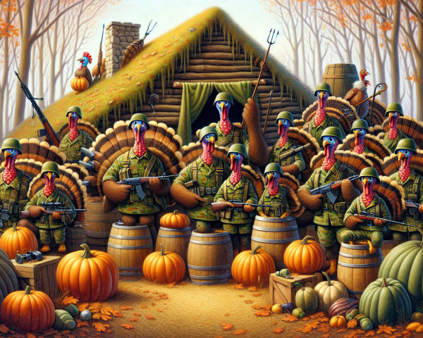 Whimsical Autumn Scene with Soldier Turkeys and Cabin