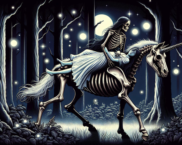 Skeletal Figure on Ghostly Unicorn in Moonlit Forest