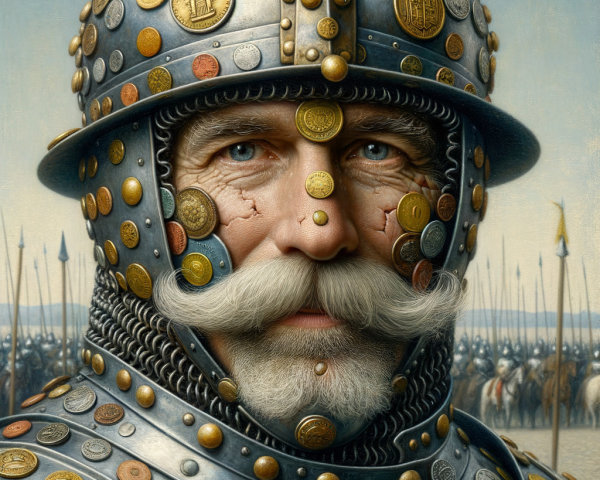 Regal Armored Warrior with Coin Decorations and Soldiers