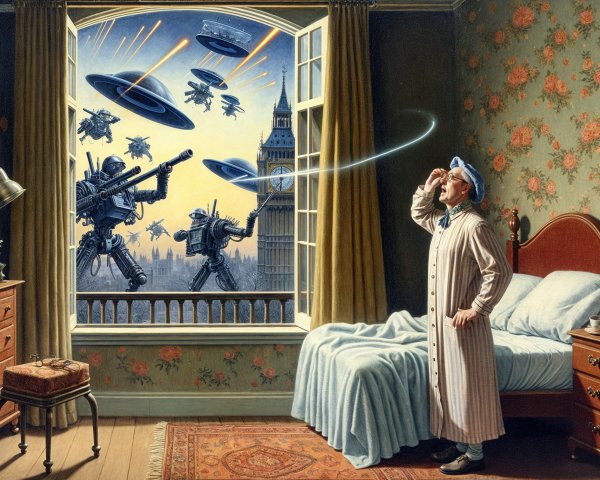 Man in Pajamas Watches Robots Battle Flying Saucers