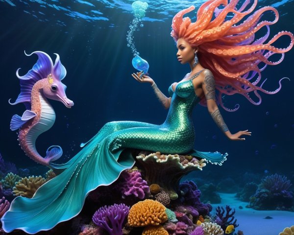 Underwater Scene with Mermaid and Colorful Marine Life