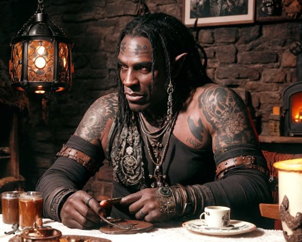 Muscular Fantasy Warrior in Mystical Rustic Setting