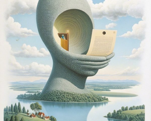 Giant Hand with Door in Serene Landscape Artwork