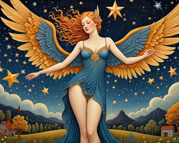 Celestial Figure with Red Hair and Golden Wings