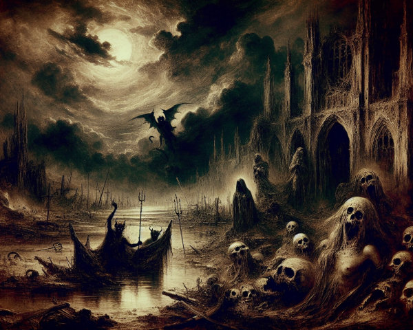 Haunting Landscape with Dark Creatures and Ruins