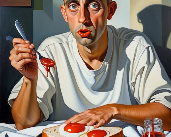 Man Enjoys Large Sandwich with Fried Eggs and Ketchup