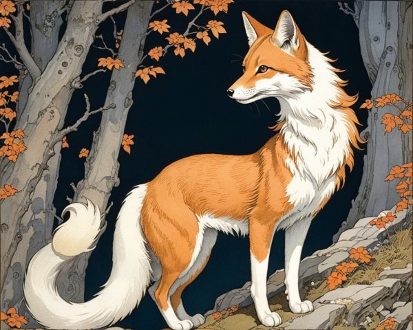 Majestic fox in autumn woodland setting with trees