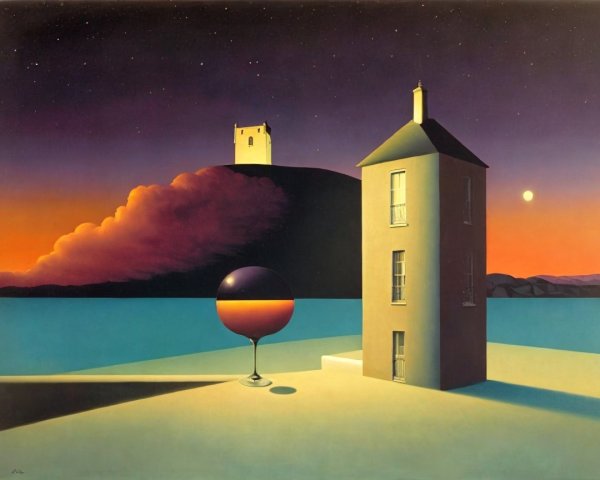Surreal Landscape with House and Large Orb in Night Sky