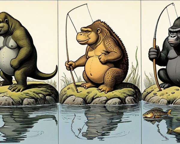 Cartoon Gorillas Fishing by a Body of Water