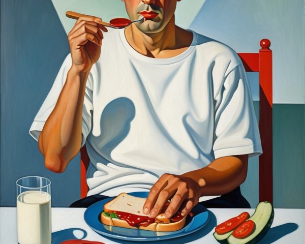 Man Eating Sandwich with Eggs and Vegetables at Table