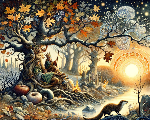 Mystical Autumn Scene with Guardians by a River