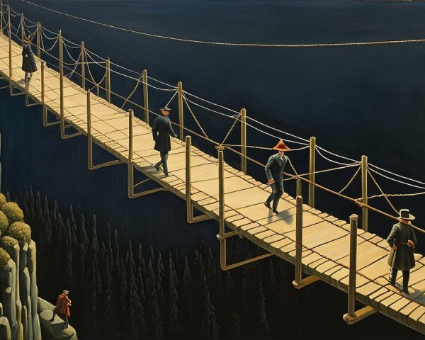 Wooden Suspension Bridge Over Dark Chasm with Figures