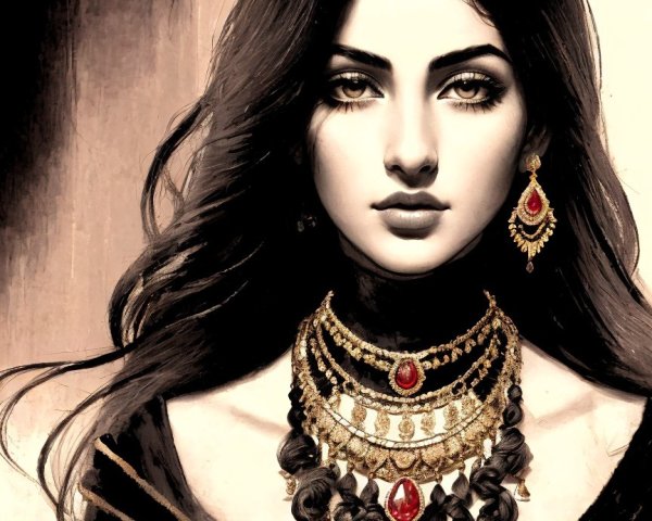 Portrait of a Woman with Black Hair and Jewelry
