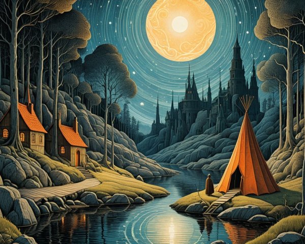 Serene riverside night scene with moon and cottage