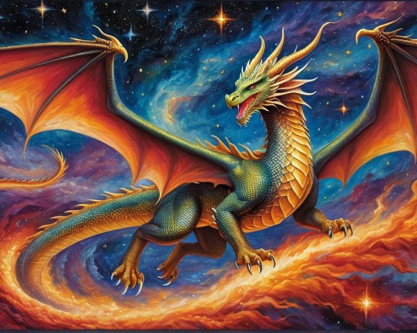 Majestic dragon in vibrant cosmic expanse with galaxies