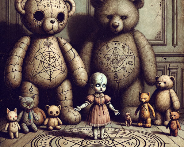 Doll on Pentagram Surrounded by Stuffed Animals