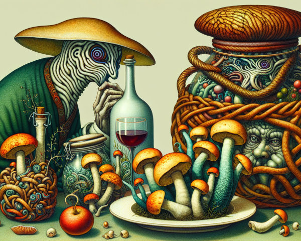 Surreal Scene with Striped Figure and Whimsical Elements