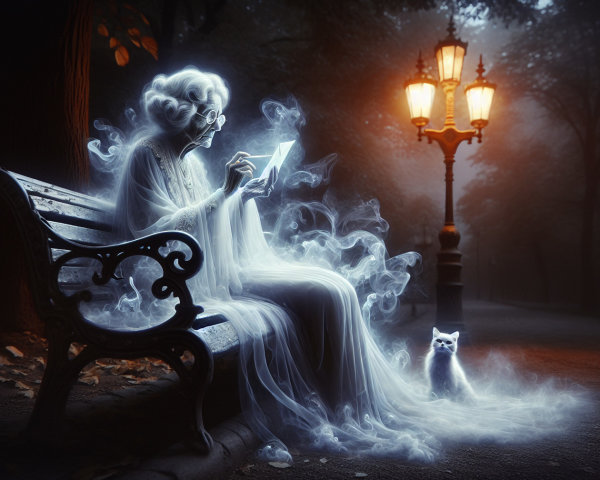 Elderly Woman Reading on a Bench in Misty Park