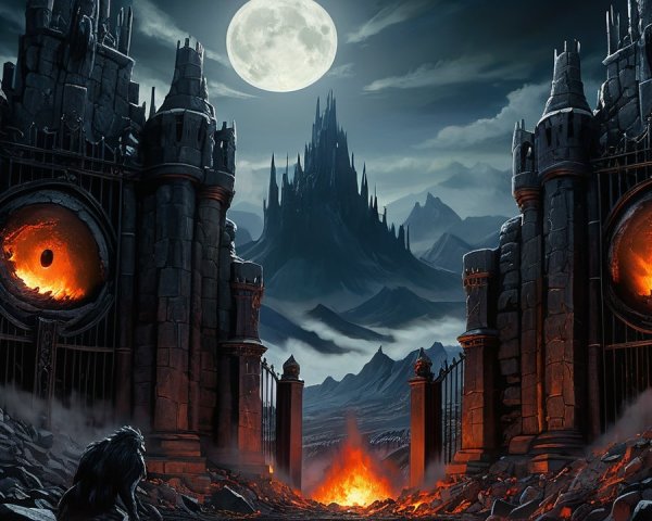 Dramatic Fantasy Scene with Black Stone Gates and Mountains