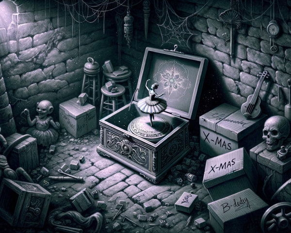 Vintage Music Box in a Dimly Lit Basement Setting