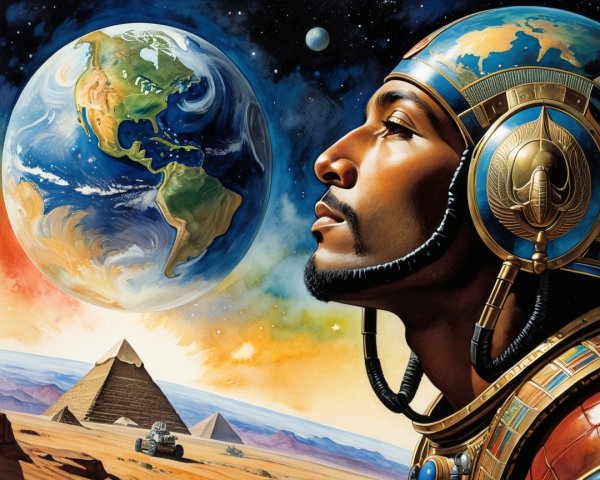 Futuristic Scene with Ancient Egyptian and Cosmic Elements