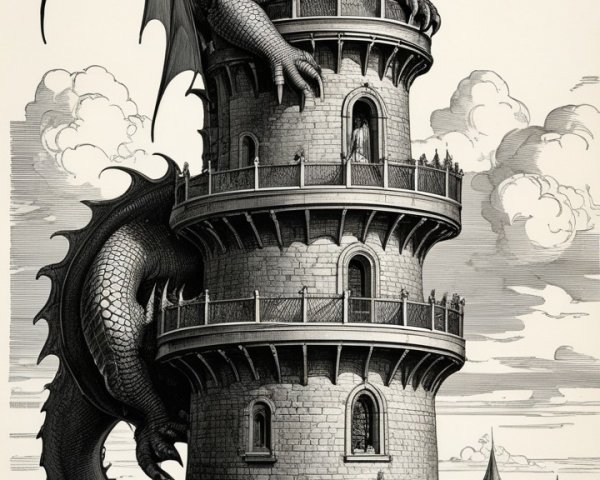 Dragon on Tower with Medieval Castle Background