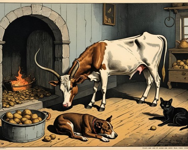 Rustic Interior with Cow, Dog, Cat, and Fireplace