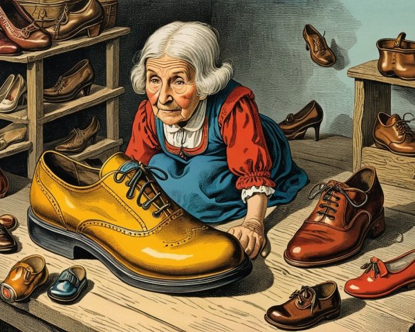 Elderly Woman Examining Yellow Shoe in Quaint Shop
