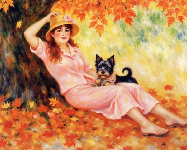 Young Woman in Pink Dress Relaxing Under Autumn Tree