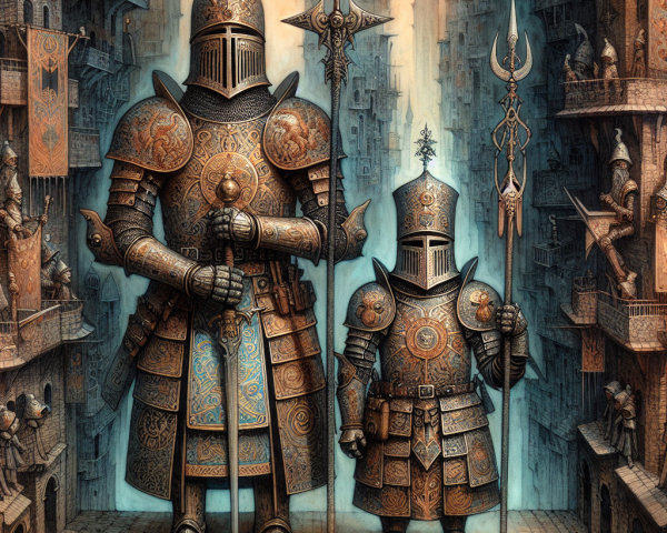 Intricately Designed Armored Knights in Cityscape Background